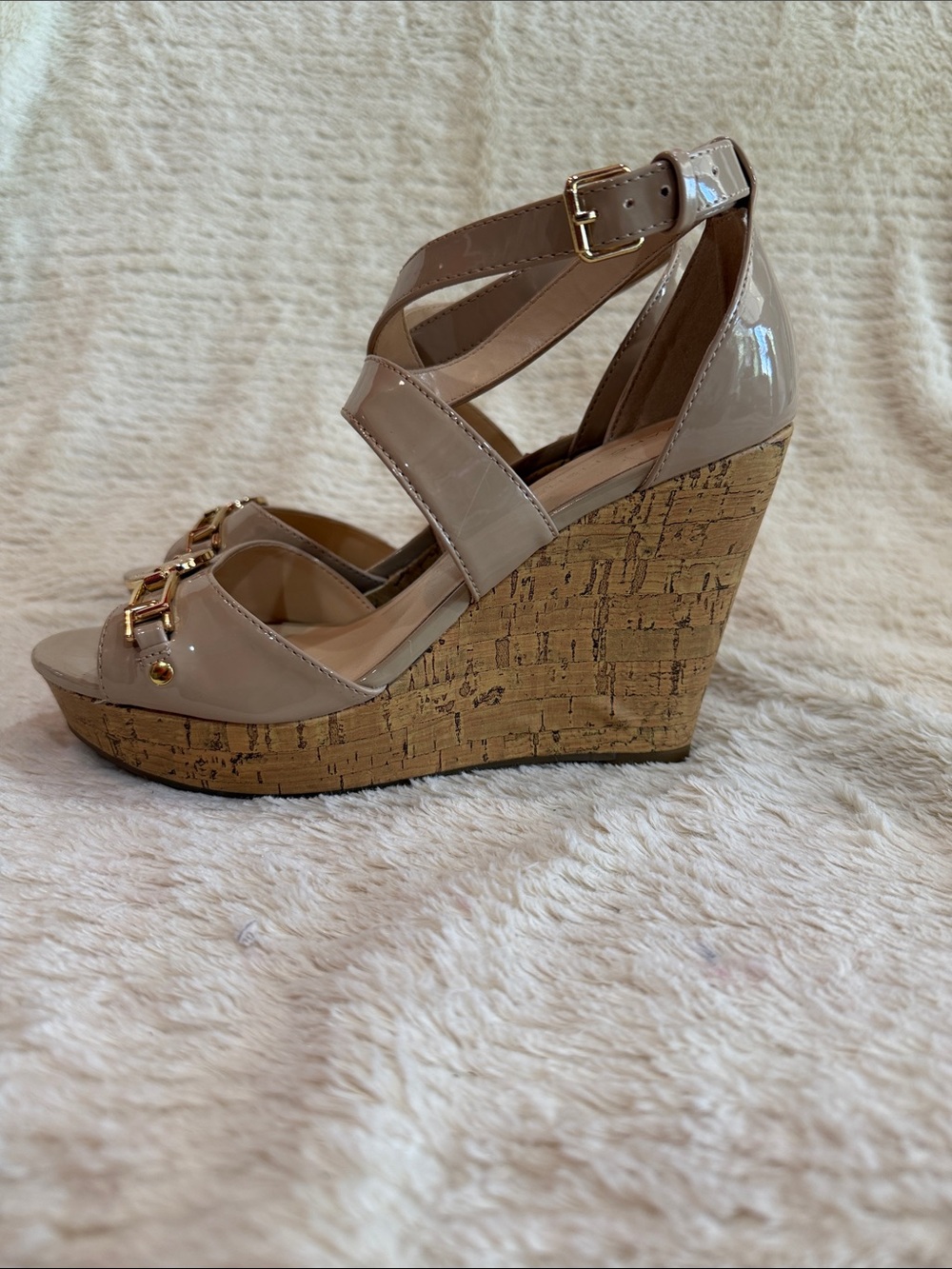 Marc Fisher Nude Patent Leather Strappy Heels with Gold Medallion - Picture 2 of 5